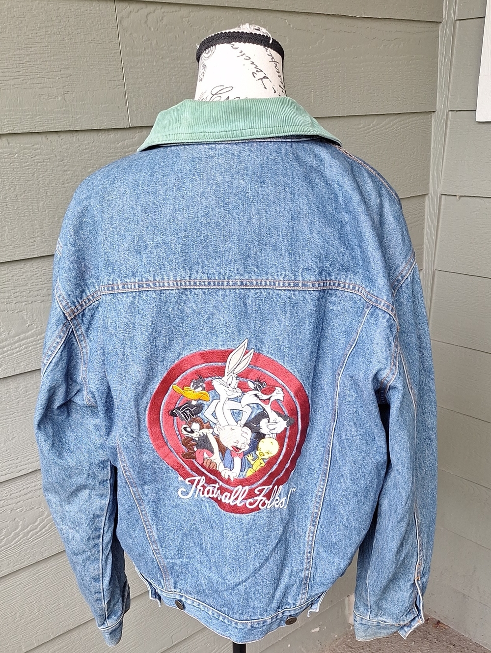 Vintage 90s Looney Tunes That's All Folks Back Patch Denim Trucker Jacket Small